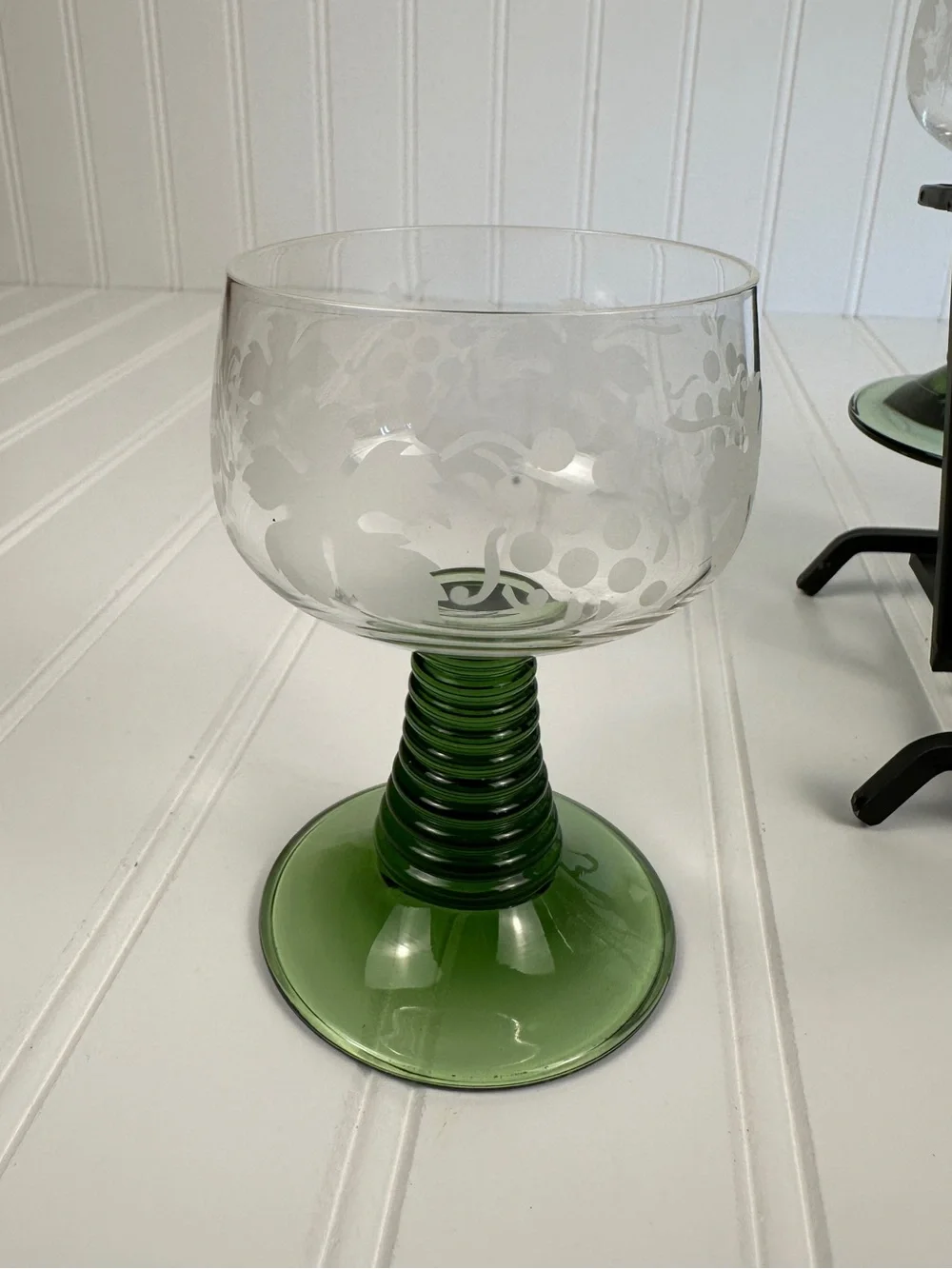 Vintage Roemer Green Beehive Stem Wine Glasses Set of 6 with Wrought Iron Caddy